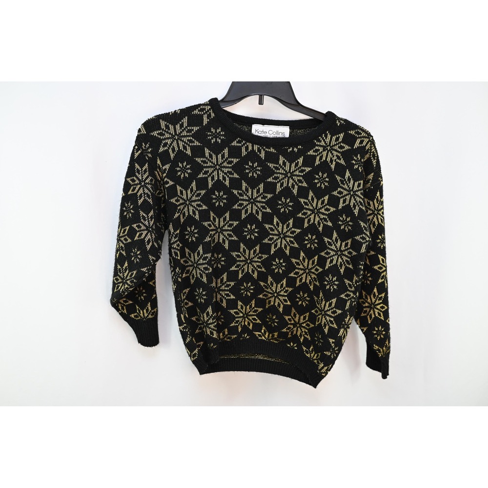 Vintage Kate Collins Black Gold Snowflake Sweater Metallic Knit Winter Top USA